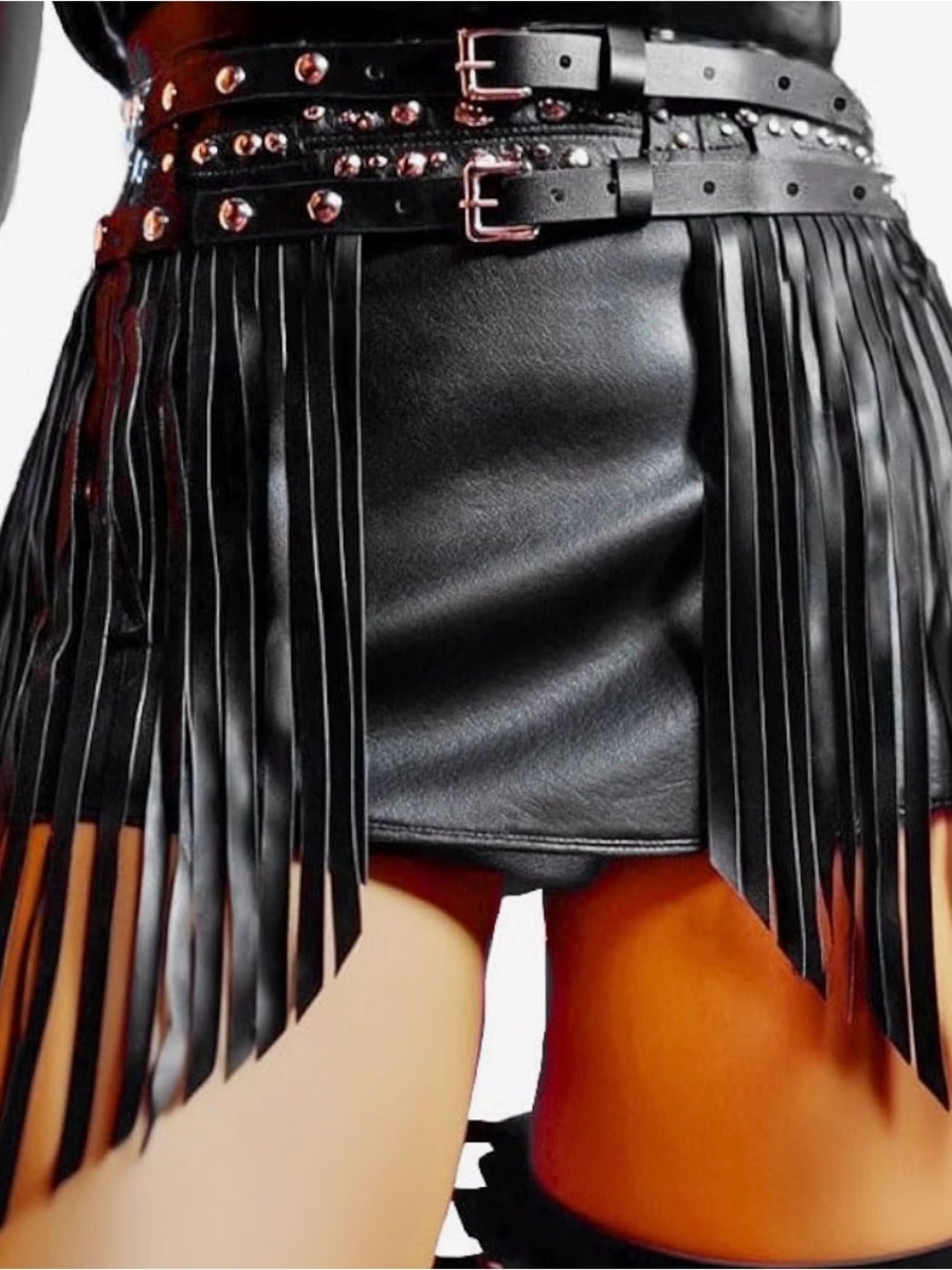 Black Fringe Faux-Leather Belt